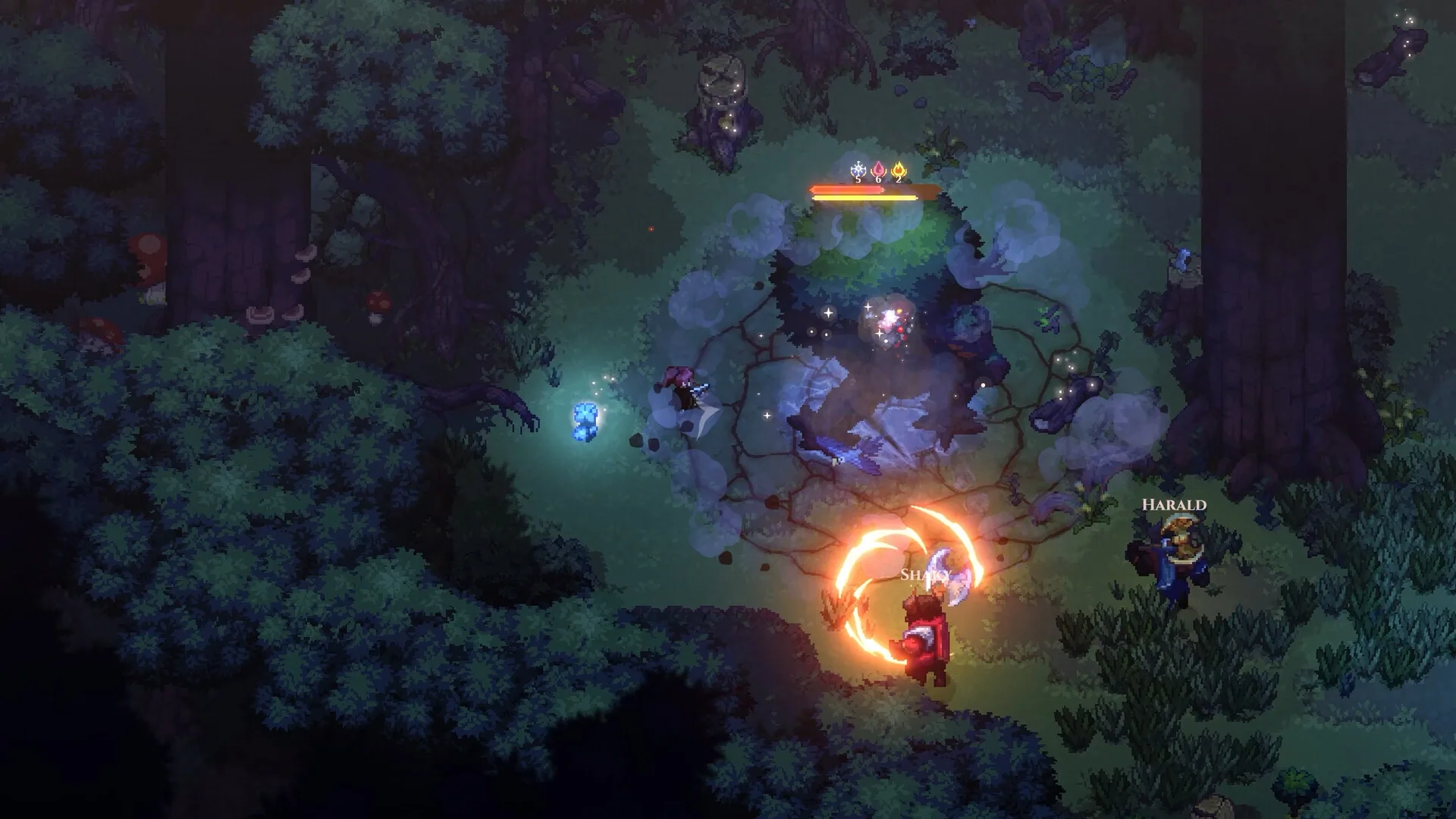 Party fighting a forest elite with stamina bar, fire ring, and named ally Harald.