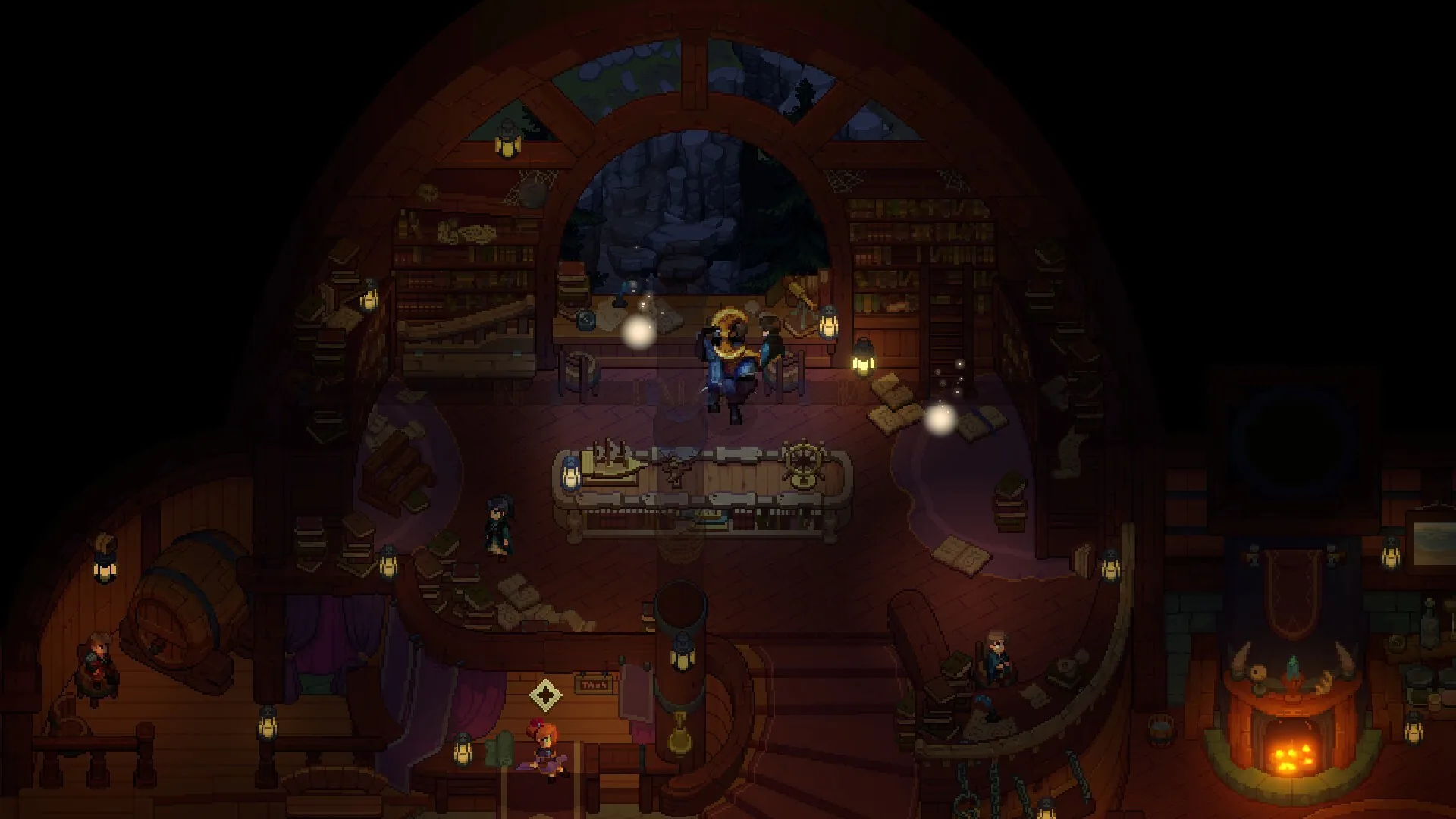Interior hall of books and a fireplace, likely the wizard's study.