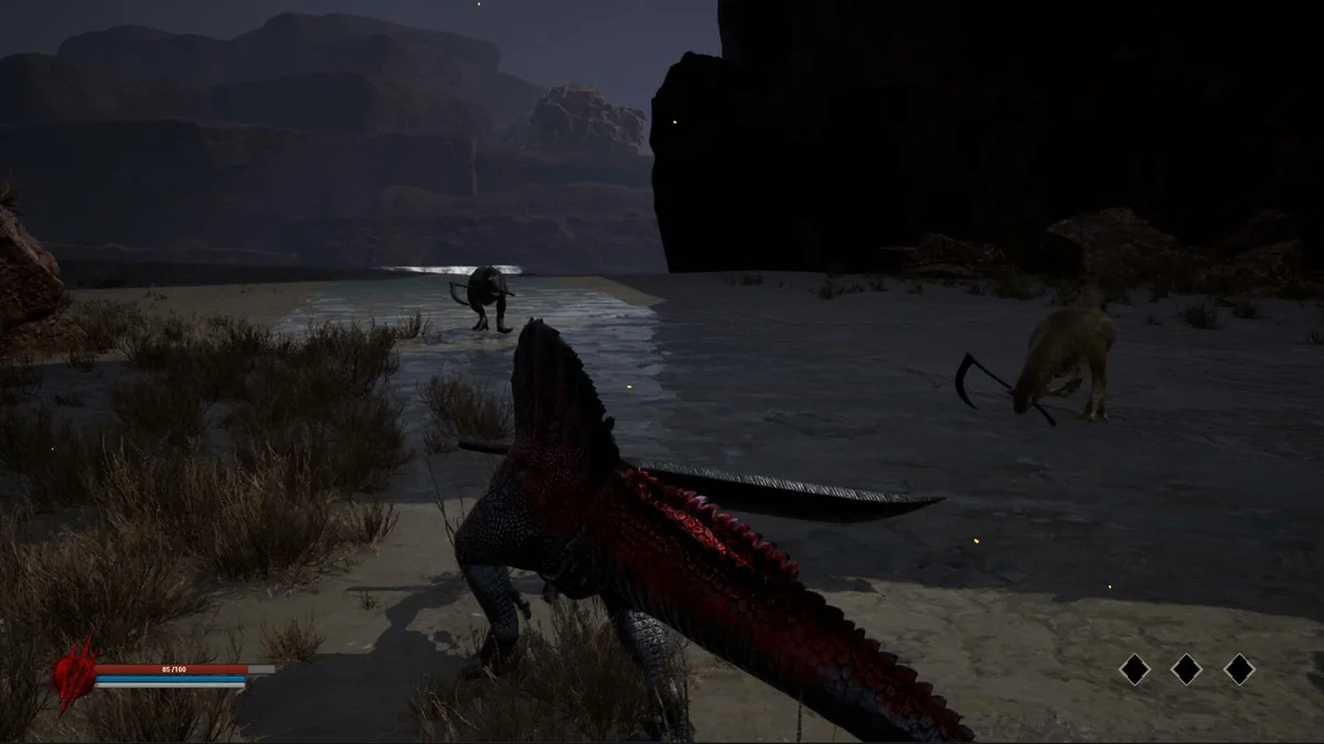 An armed rival waits in a dry canyon