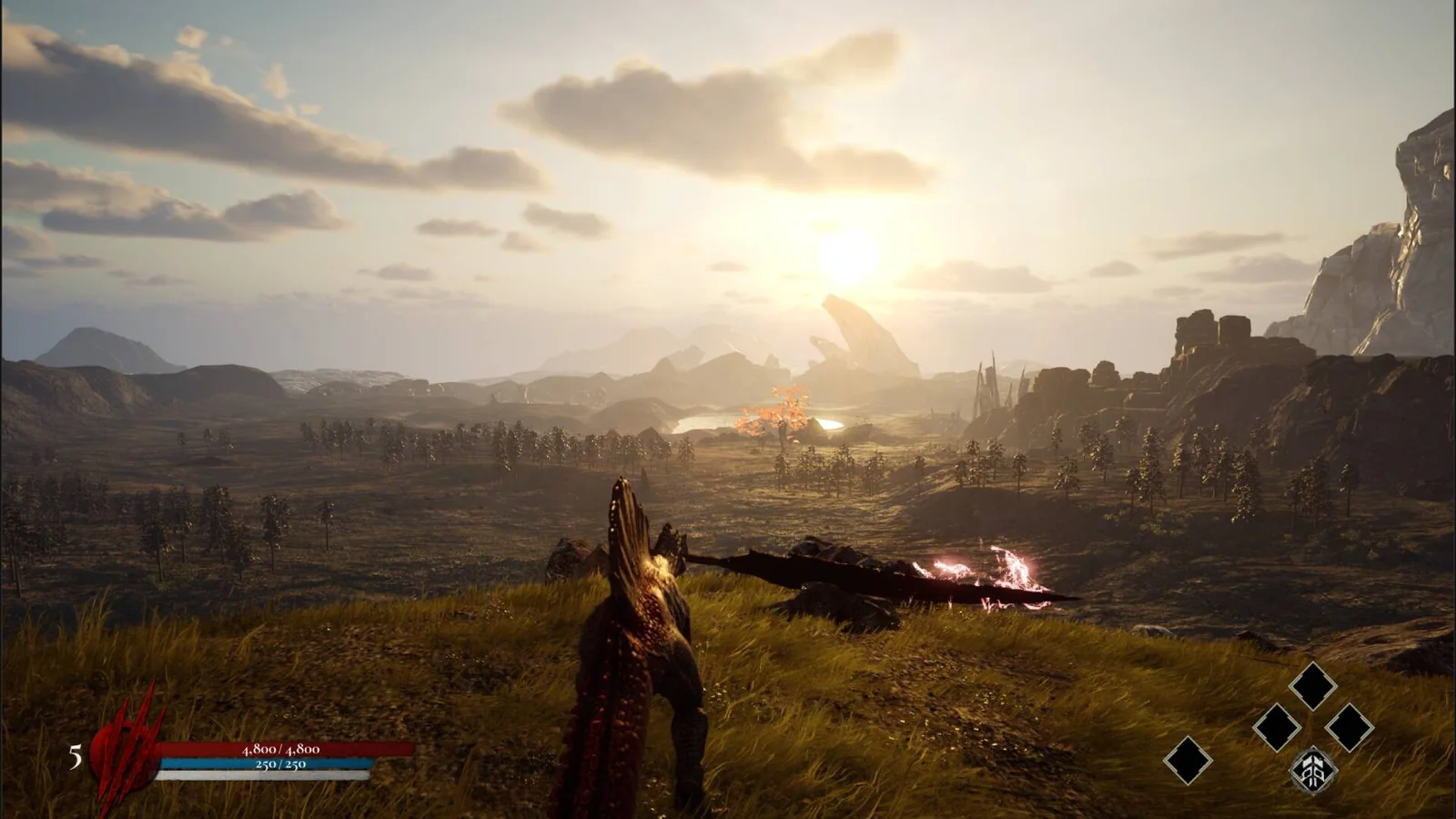 The young Spinosaurus carrying a Great Sword through Dinoblade’s sunset plains