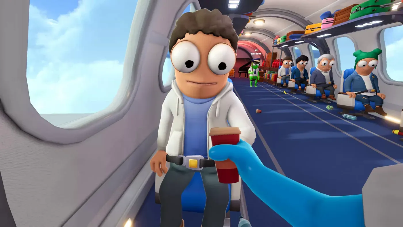 A Dear Passengers crew member handing a drink to a seated passenger in the cabin