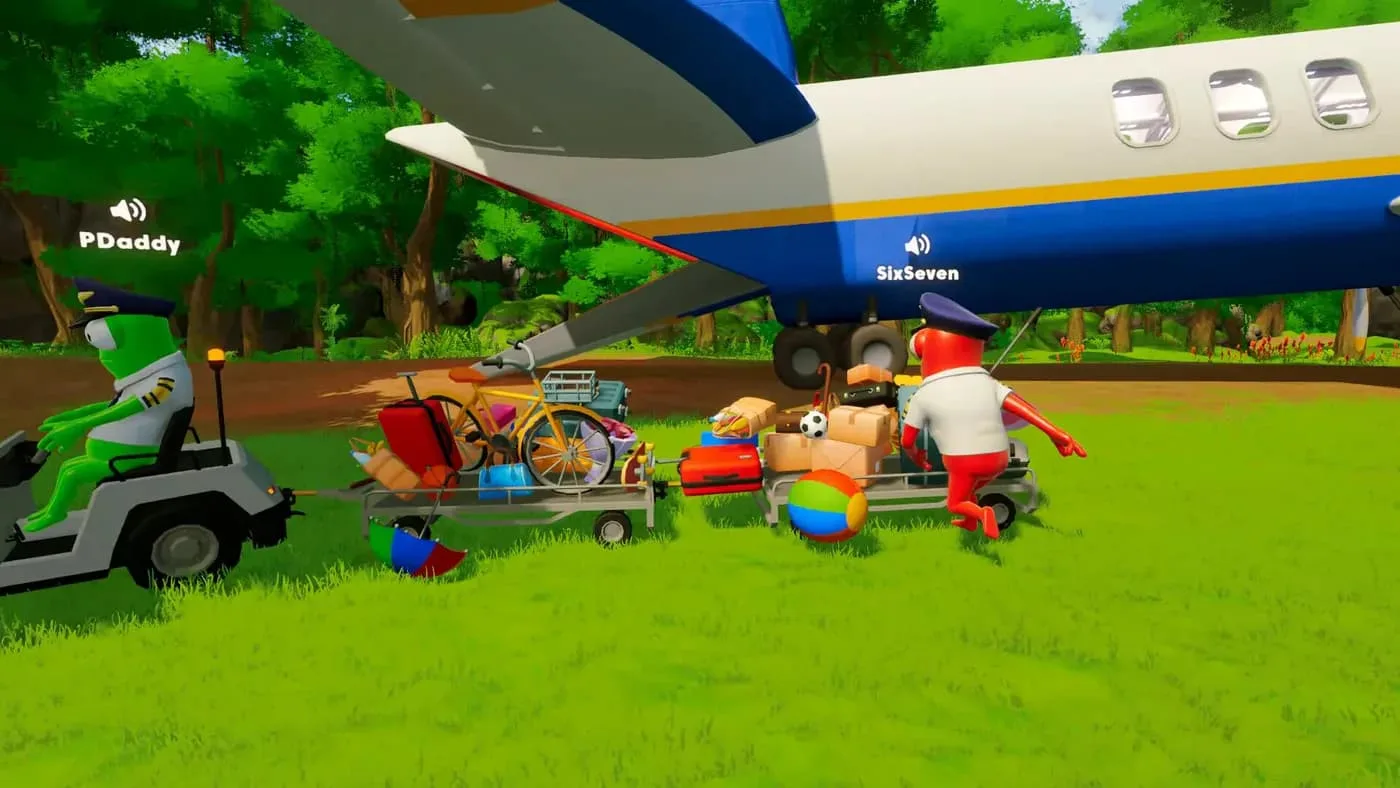 Players loading cargo crates beside the aircraft before a Dear Passengers flight