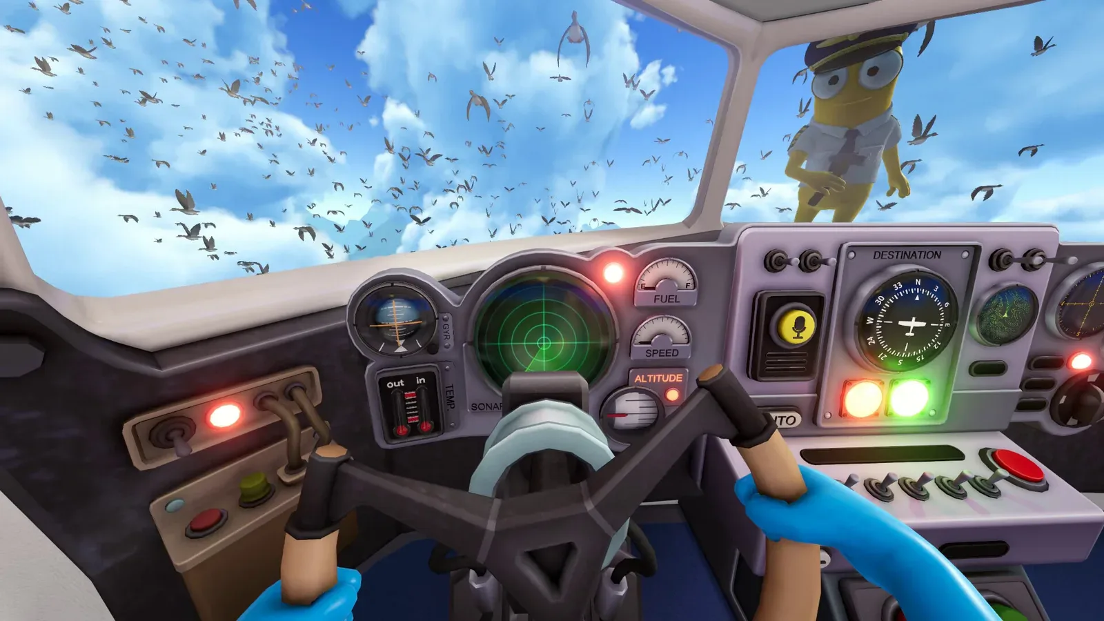 First-person cockpit view in Dear Passengers as a flock of birds swarms the windscreen over a bright blue sky
