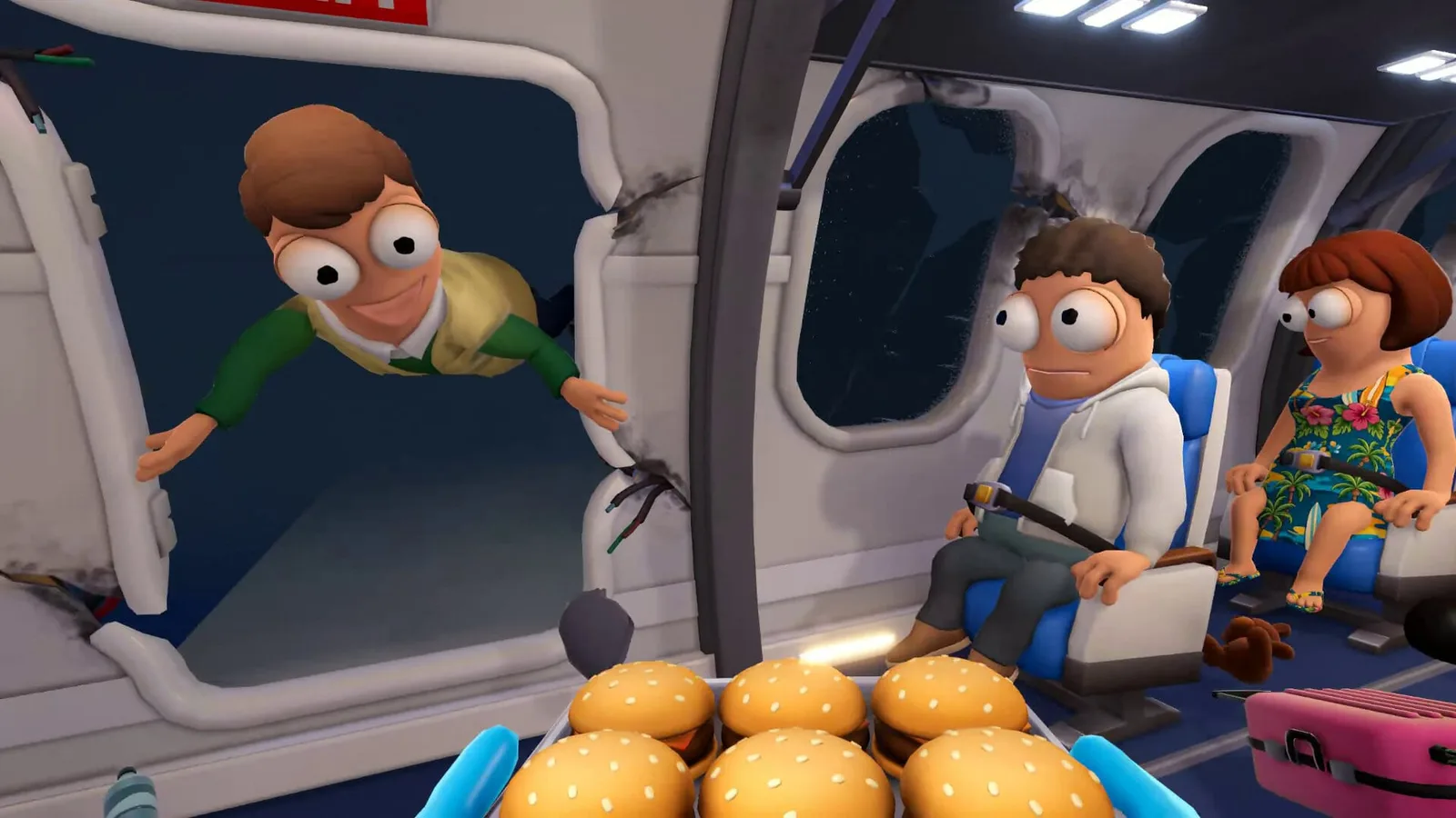 Dear Passengers cabin chaos: a wide-eyed passenger tumbles past the seats while burgers slide across a serving tray