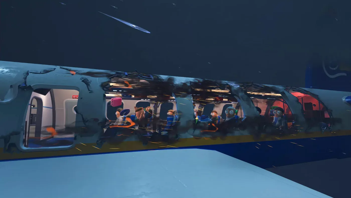 The Dear Passengers aircraft banking through a dark storm at night
