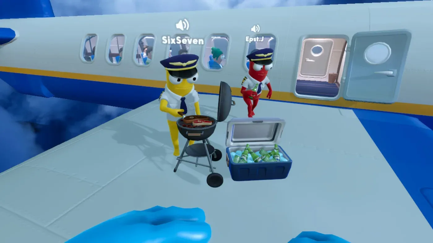 A Dear Passengers crew member grilling food out on the aircraft wing mid-flight