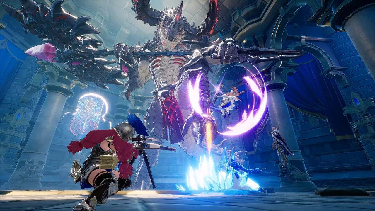 A three-Hero party confronting a dragon boss