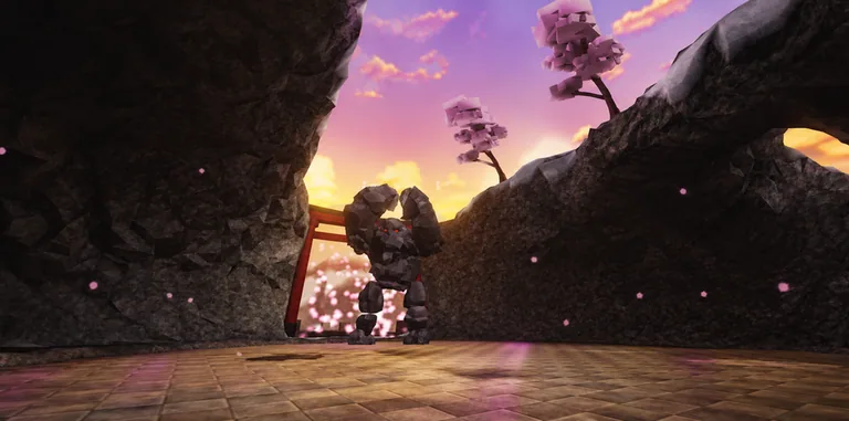 Stone golem with glowing red eyes standing before a red torii gate and cherry-blossom trees at sunset.
