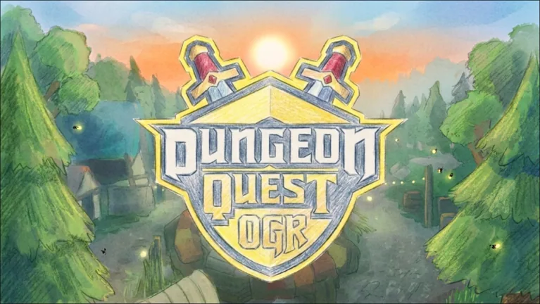 Hand-drawn shield logo reading DUNGEON QUEST OGR with two crossed swords over a forest path at sunset.