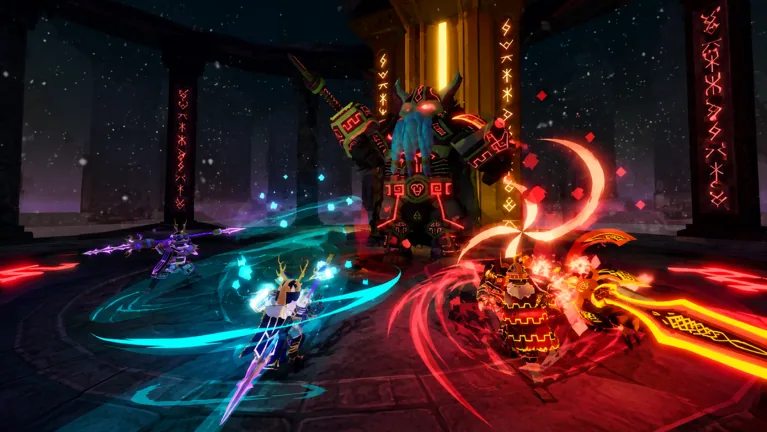 Three players fighting a giant horned, bearded boss inside a circular night arena with glowing runes.