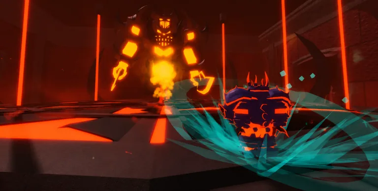 Player in dark armor with cyan slash effects facing a glowing orange armored giant in a red neon hall.