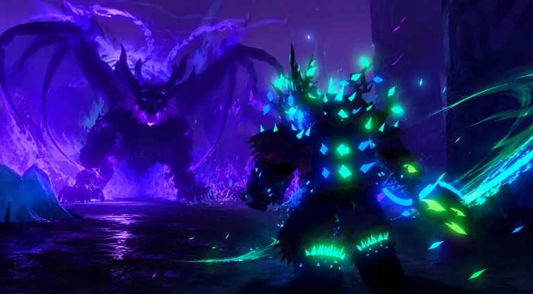 Player in glowing blue-green crystal armor facing a large purple winged dragon-like boss on a flooded purple arena.