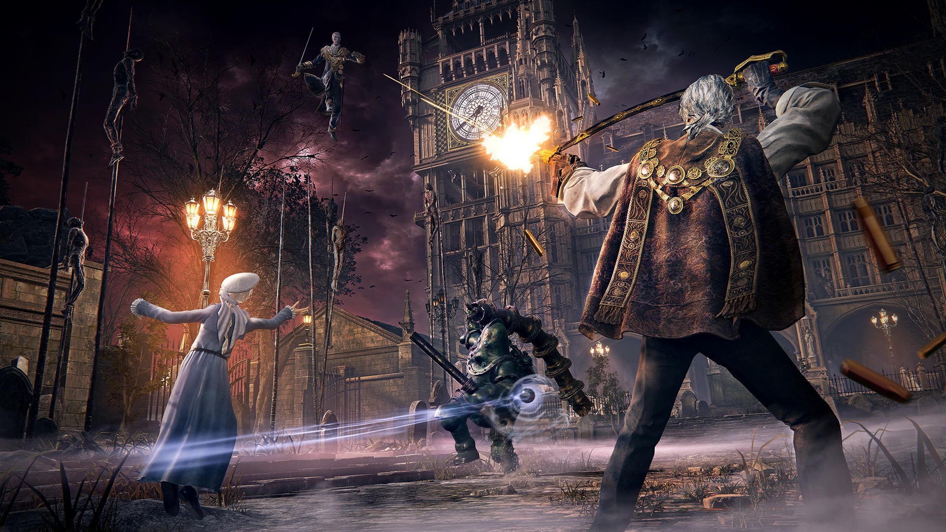 Night street fight before a clock tower: a white-haired Bloodsworn fires a pistol, a diving-suit fighter swings a cable, and an ally in a pale dress casts, with bodies hung from poles.