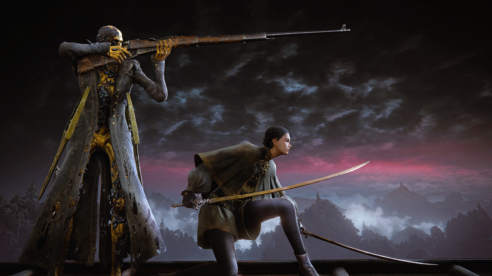 A gaunt Bloodsworn in a tattered gold-lined coat aims a long rifle while a cloaked ally kneels with a straight sword against a pink dusk sky.