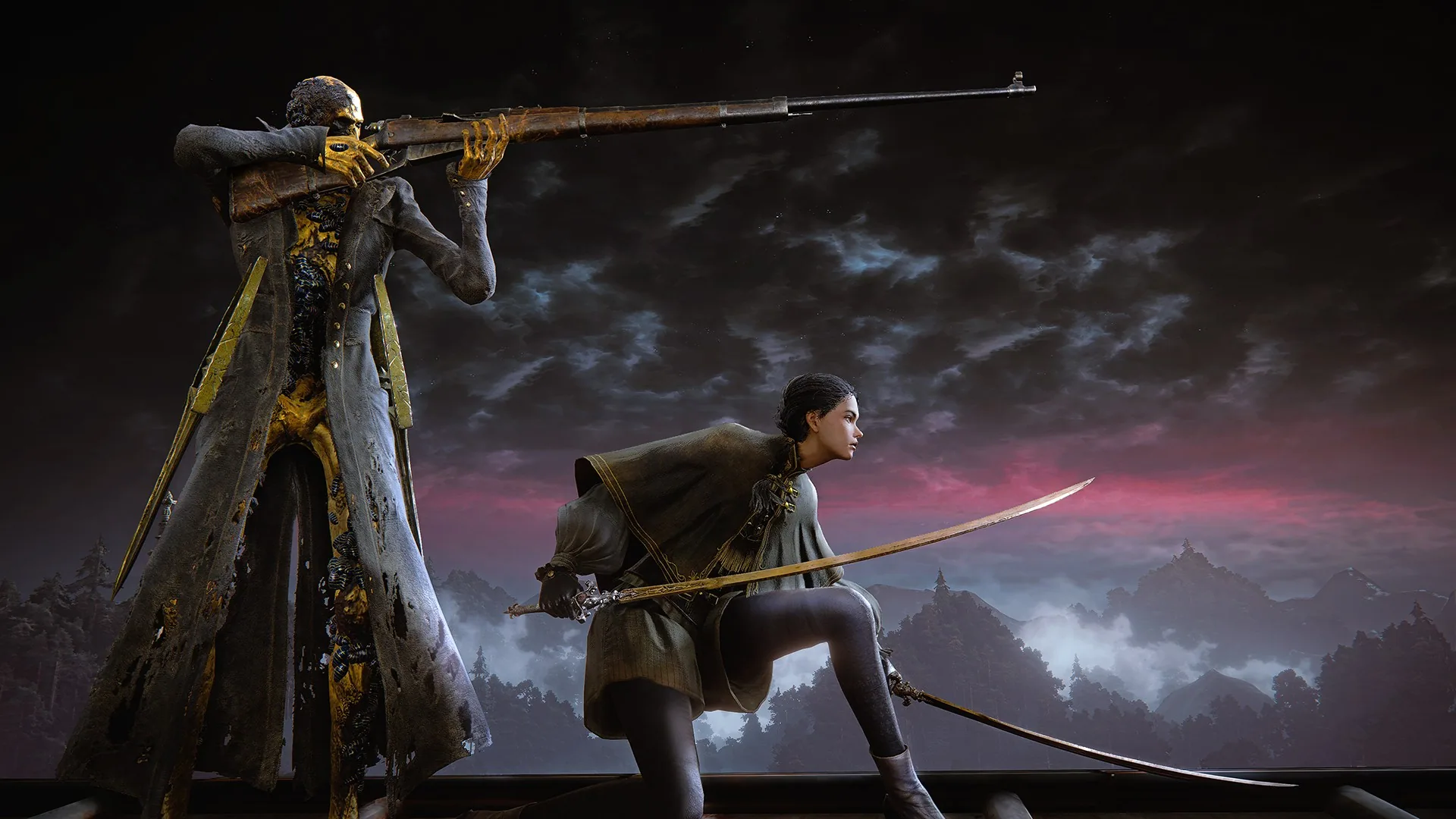 A gaunt Bloodsworn in a tattered gold-lined coat aims a long rifle while a cloaked ally kneels with a straight sword against a pink dusk sky.