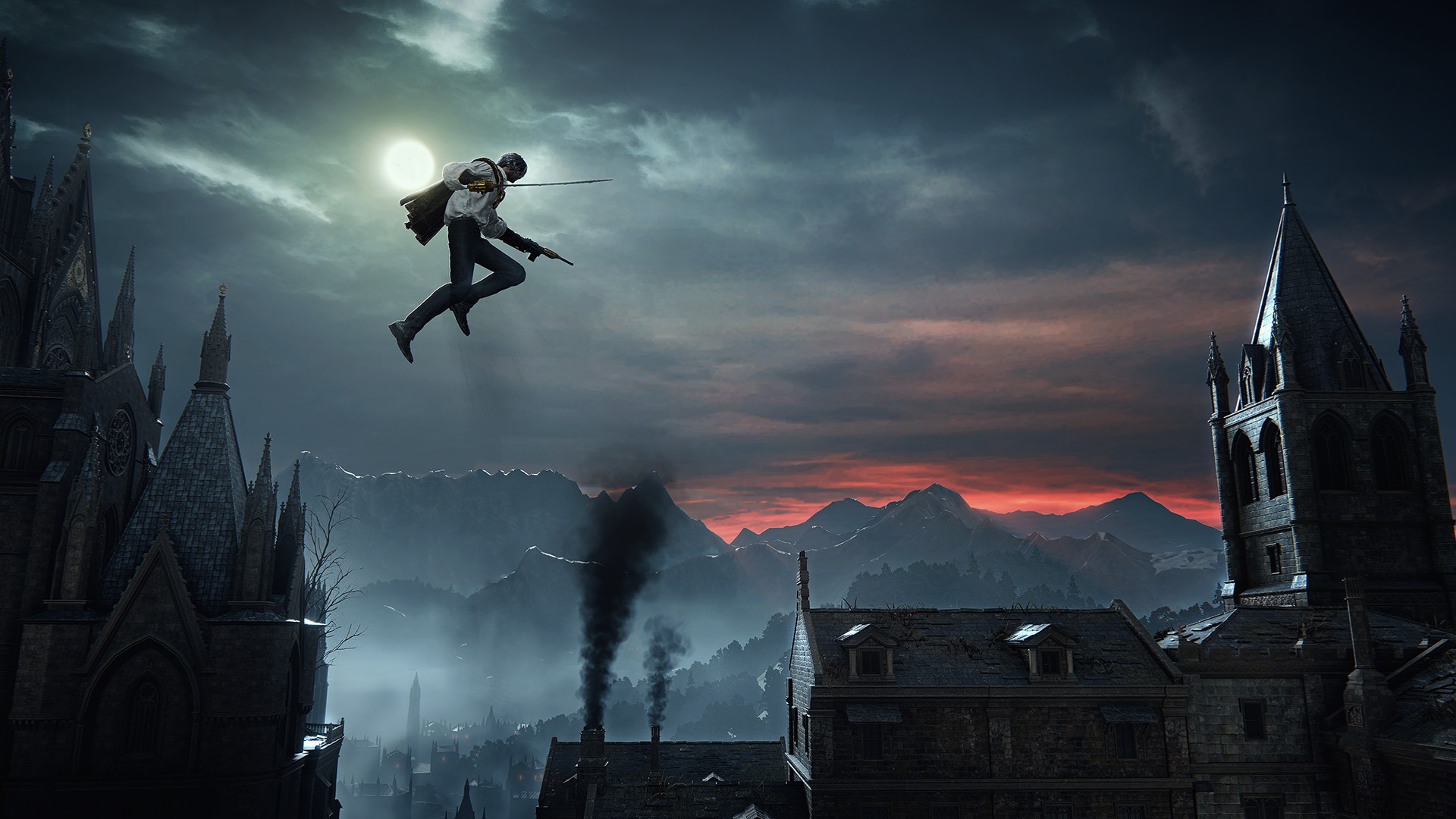 A Bloodsworn leaps between a gothic cathedral and a clock-towered city under a bright moon, rifle in one hand, with chimney smoke rising below.