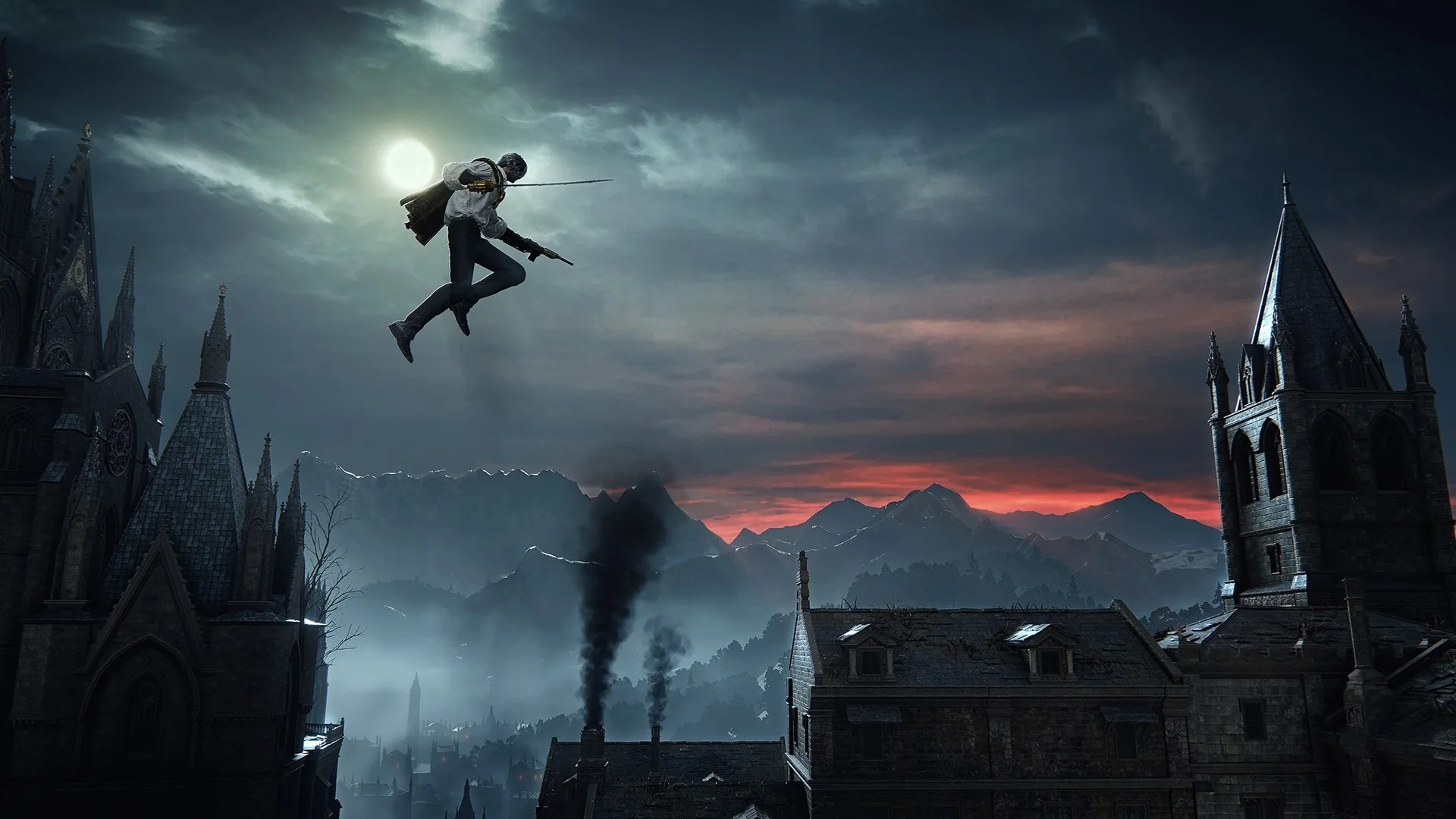 A Bloodsworn leaps between a gothic cathedral and a clock-towered city under a bright moon, rifle in one hand, with chimney smoke rising below.