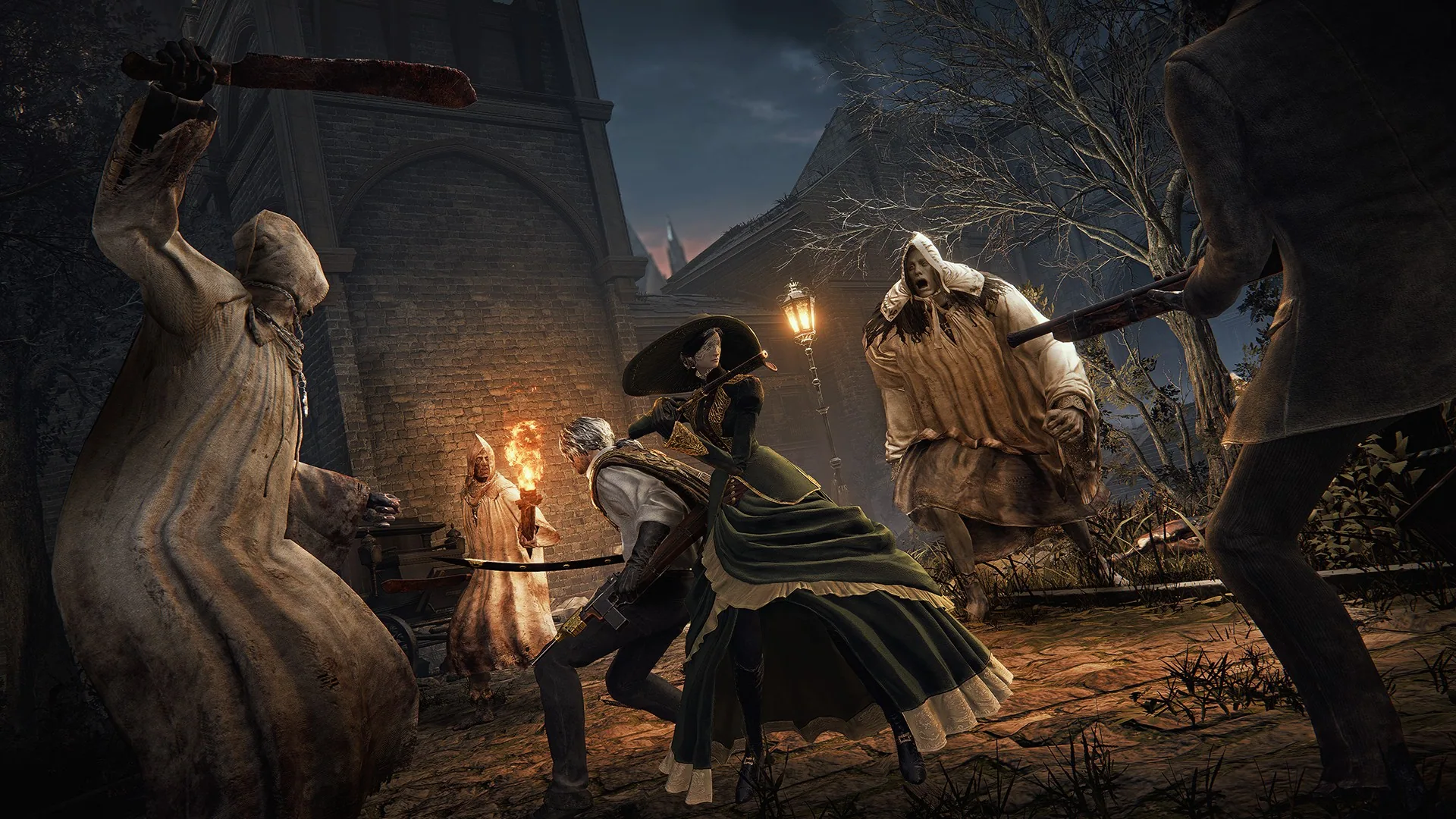 Two Bloodsworn fight hooded courtyard enemies: one swings a sword, the other in a wide hat and green dress brandishes a torch beside a brick church wall.