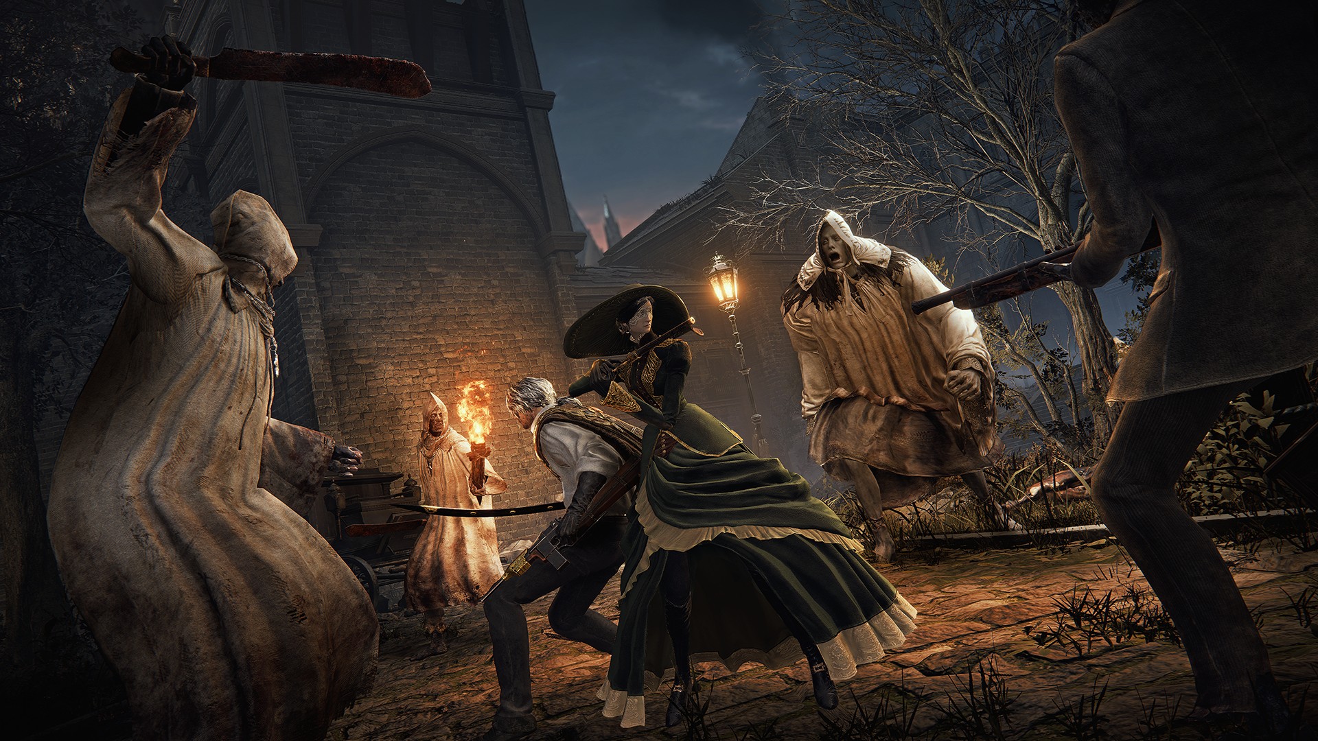 Two Bloodsworn fight hooded courtyard enemies: one swings a sword, the other in a wide hat and green dress brandishes a torch beside a brick church wall.