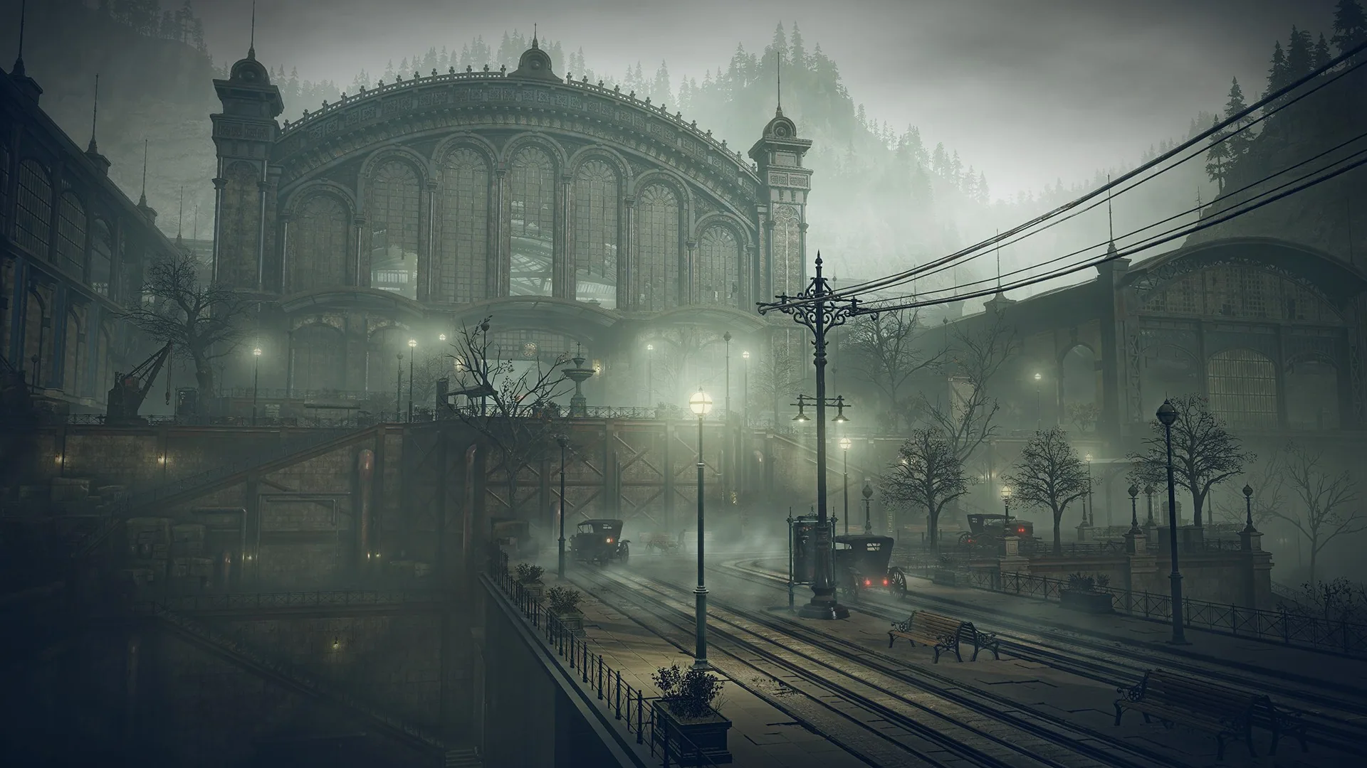 Foggy dusk city around a vaulted glass-and-iron station hall, with vintage cars, tram tracks, streetlamps, and forested hills behind.