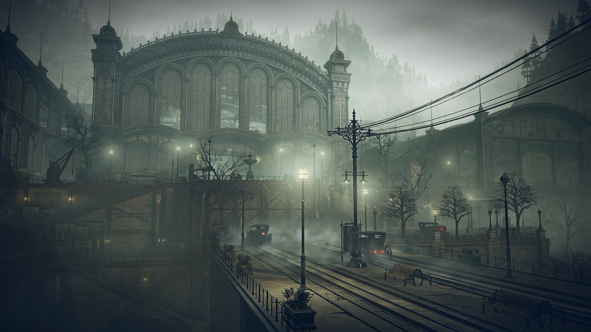 Foggy dusk city around a vaulted glass-and-iron station hall, with vintage cars, tram tracks, streetlamps, and forested hills behind.