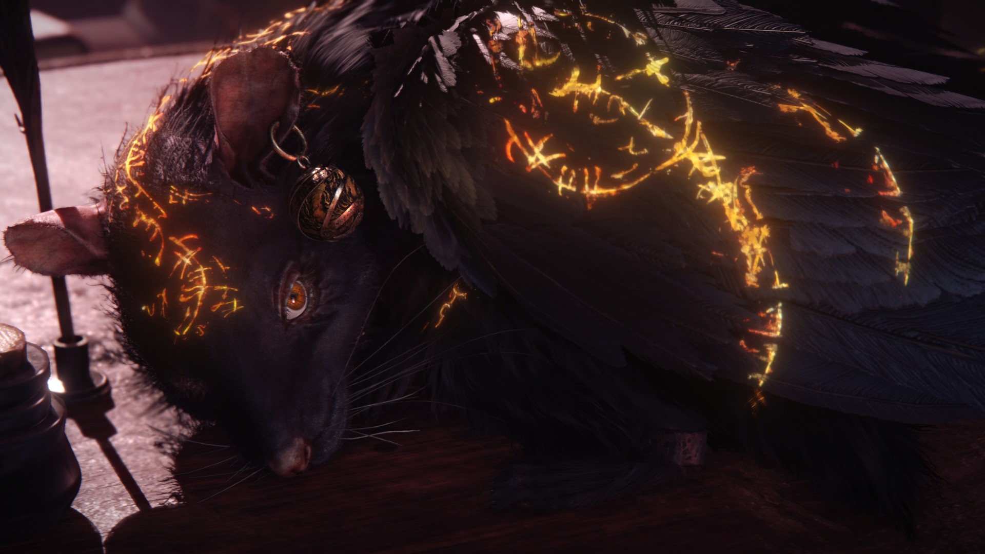 A black cat with feathered wings, a round bell collar, and glowing gold markings on its head and back lies on a wooden surface.