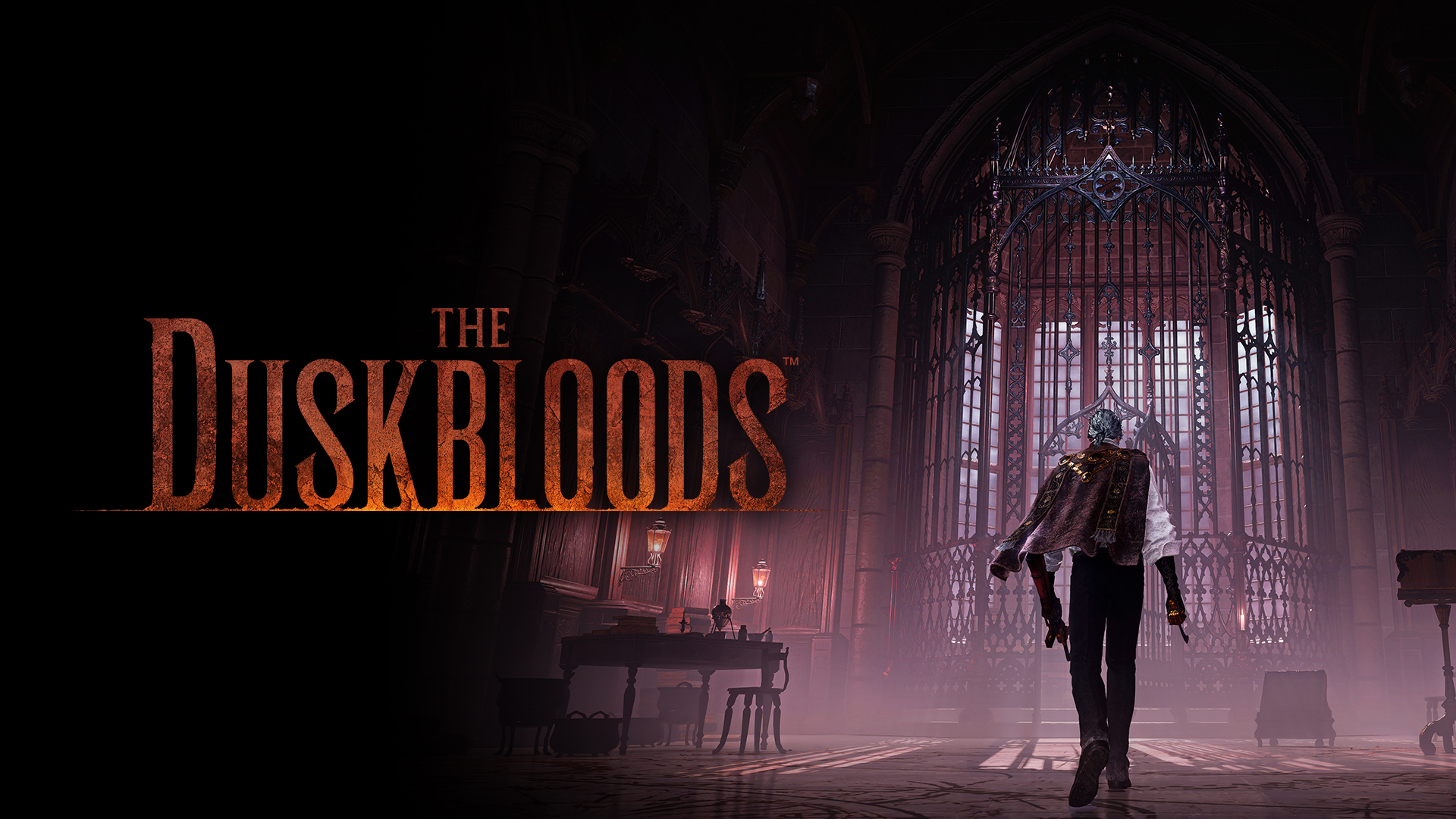 The Duskbloods wordmark beside a cloaked Bloodsworn walking toward a tall iron gate and red stained-glass window in a gothic hall.
