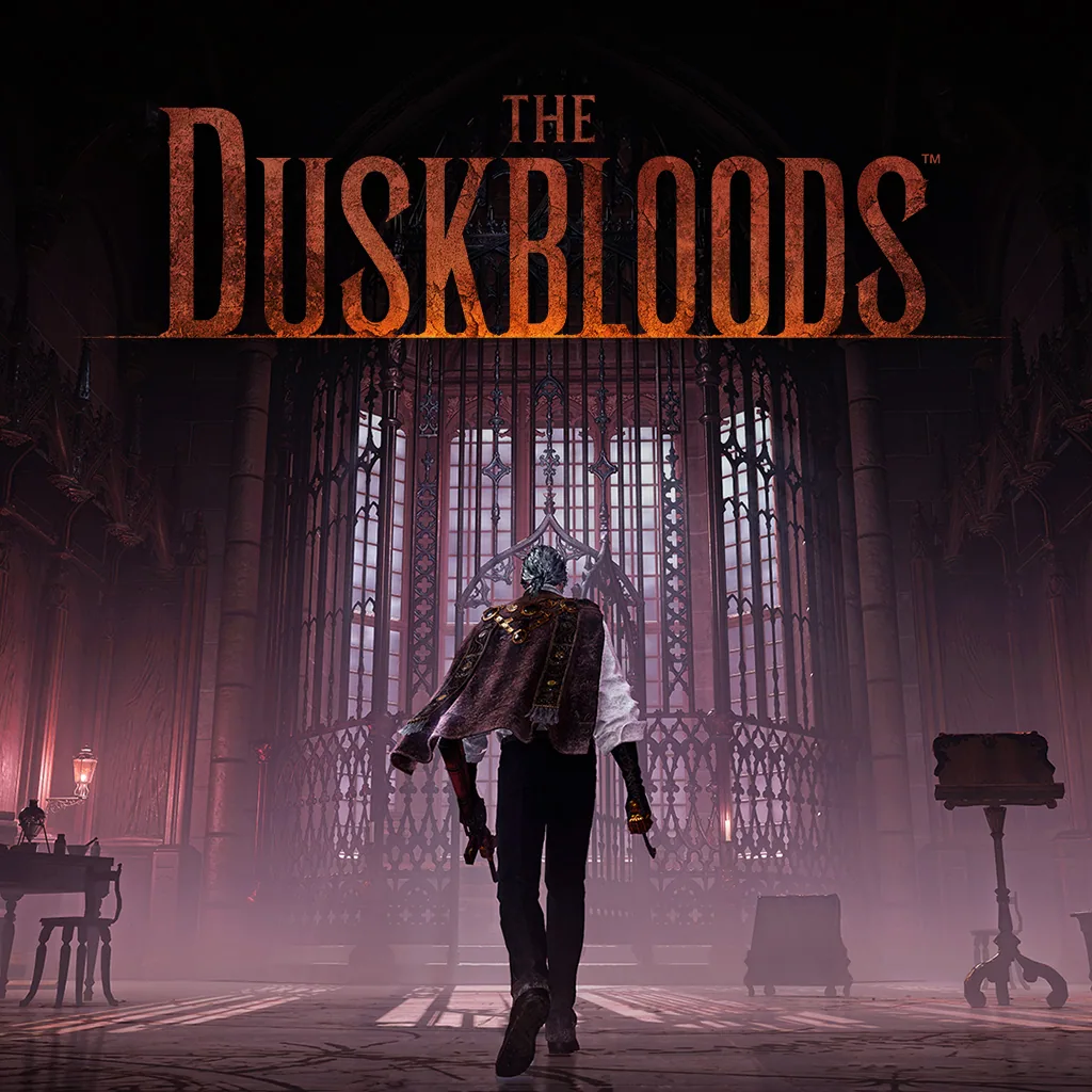 Square Nintendo eShop key art: The Duskbloods wordmark over a Bloodsworn walking toward the gated gothic hall.