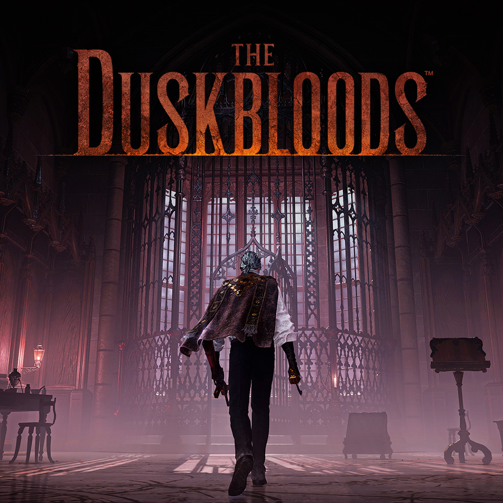 Square Nintendo eShop key art: The Duskbloods wordmark over a Bloodsworn walking toward the gated gothic hall.