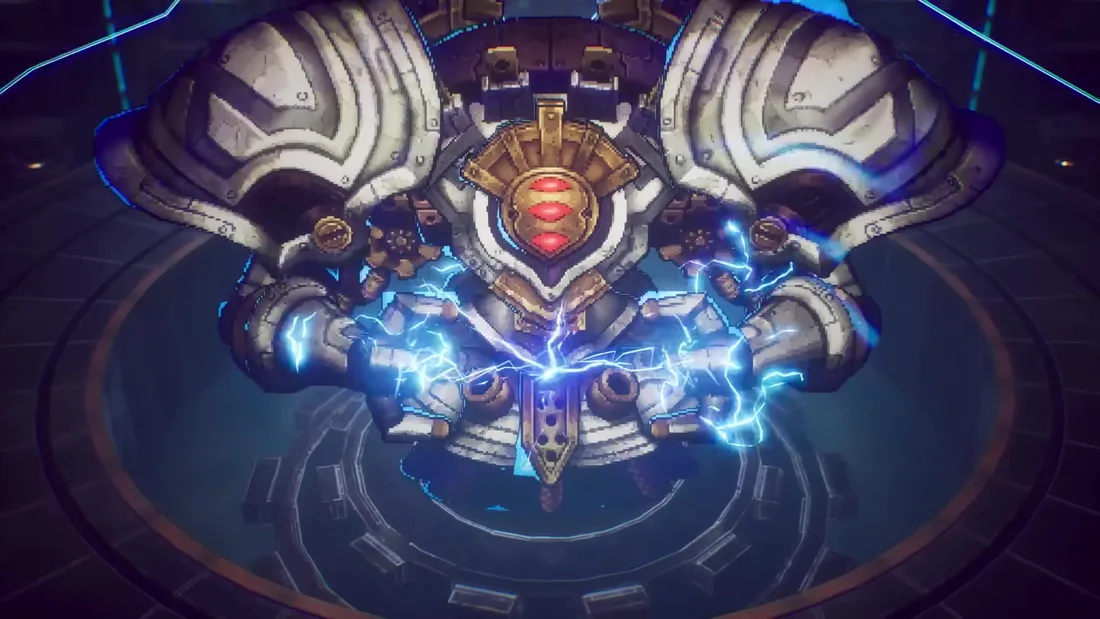 A mechanical guardian boss in the Doorway Ruins