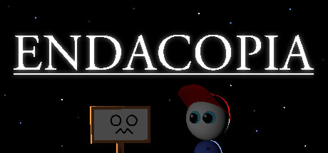 Endacopia title art showing a red-capped child and a simple sign against a dark starry background.