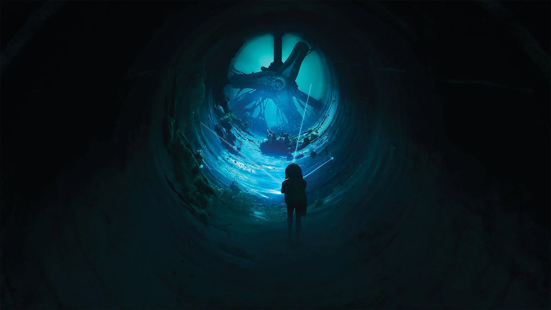 A figure stands in a flooded tunnel facing a wrecked machine