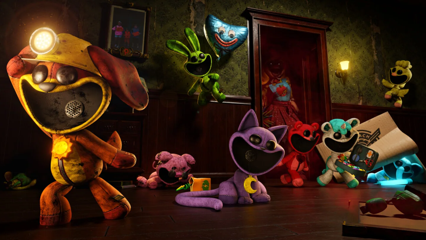 Smiling Critters standing in a ruined parlor