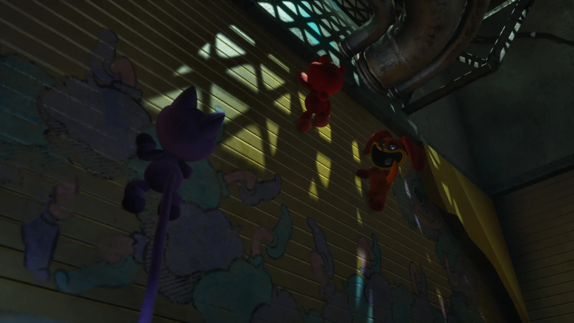 Three plush toys climbing a painted factory wall