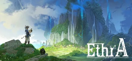 Bob and small dark Veil overlook waterfalls, a village, and blue Monolith light, with the EthrA wordmark.