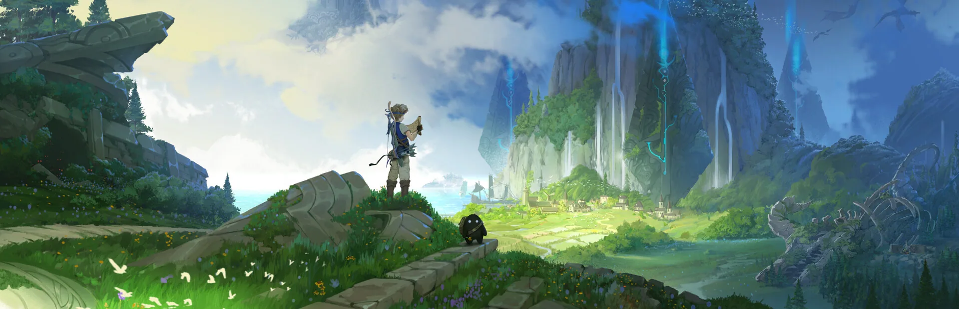 Wide key art: Bob with a bow and map, Veil on the path, village and blue-lit cliffs ahead.