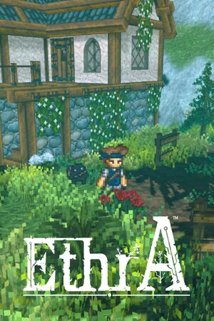 Vertical capsule: pixel Bob and Veil before an ivy cottage, EthrA wordmark at the foot.