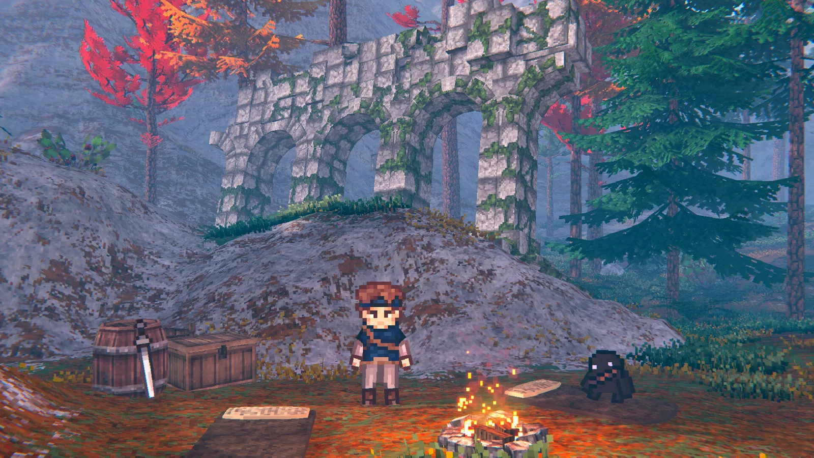 Bob and Veil camp beside a fire, chests, and a vine-covered stone ruin in autumn woods.