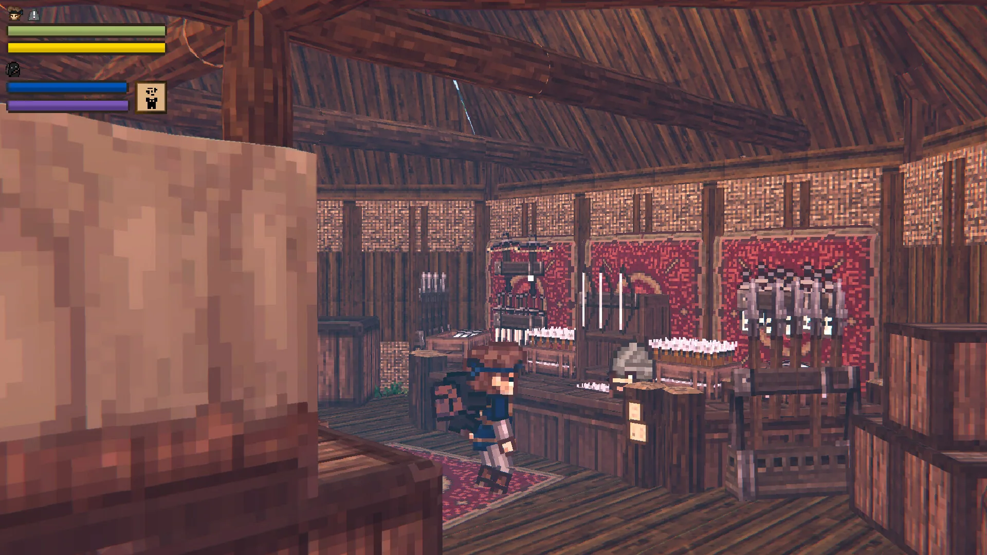 Bob inside a timber hall with counters, tapestries, and a health-stamina-magic HUD.