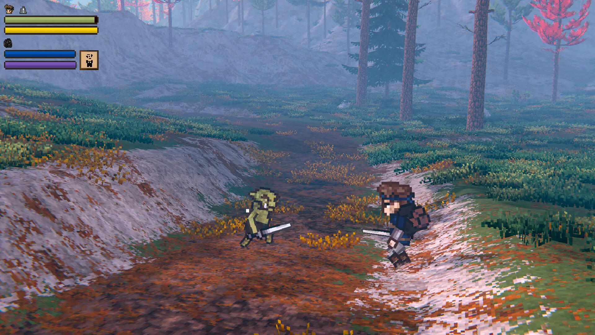 Bob in a sword clash with a green goblin on a forest path.