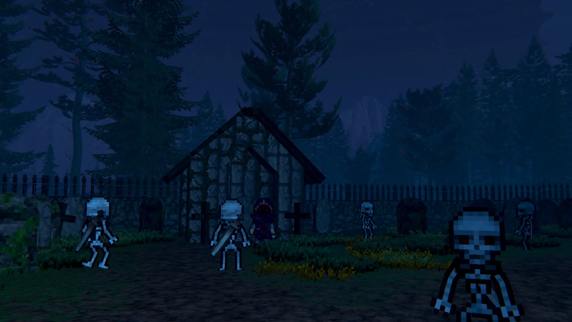 Night graveyard with glowing skeletons around a stone chapel and a purple companion.