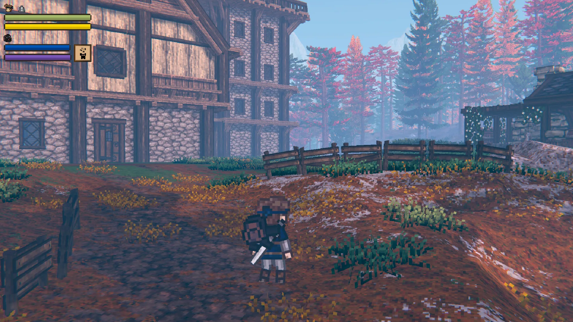 Bob walking a fenced village lane past a stone-and-timber house in pink autumn trees.