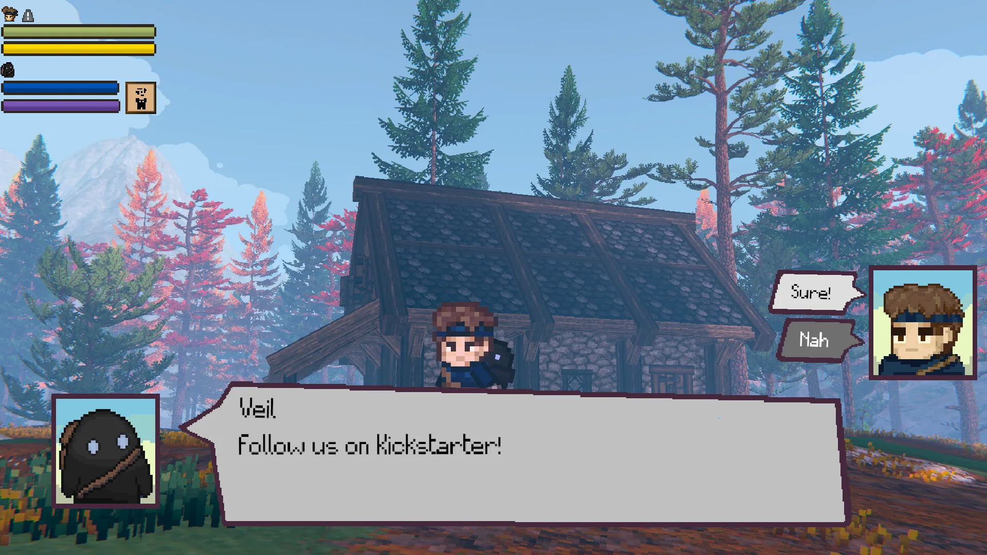 Dialogue: Veil says Follow us on Kickstarter while Bob stands before a mountain cabin.