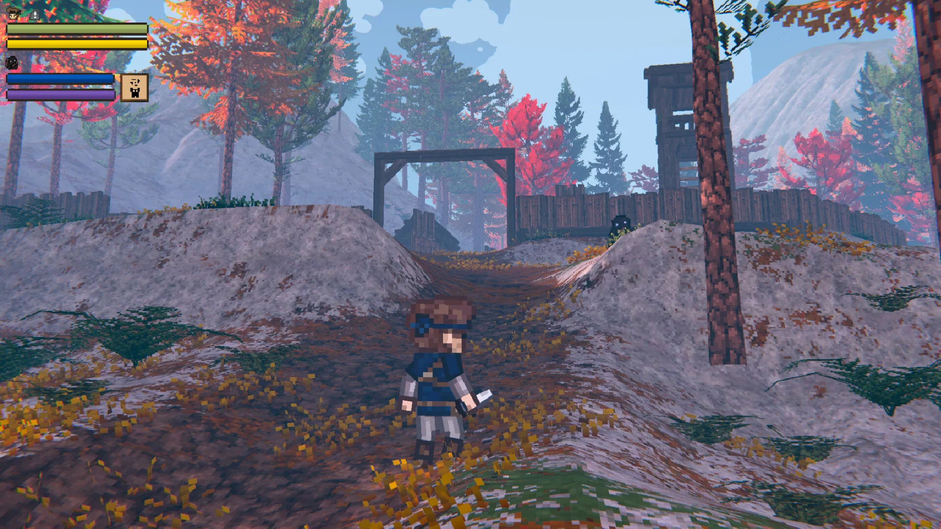 Bob on an autumn dirt road toward a wooden gate and lookout tower.