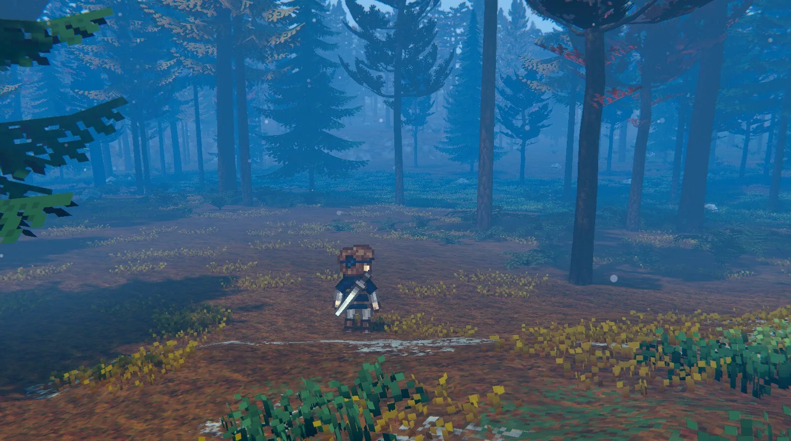 Bob in a dense forest filled with blue EthrA fog.