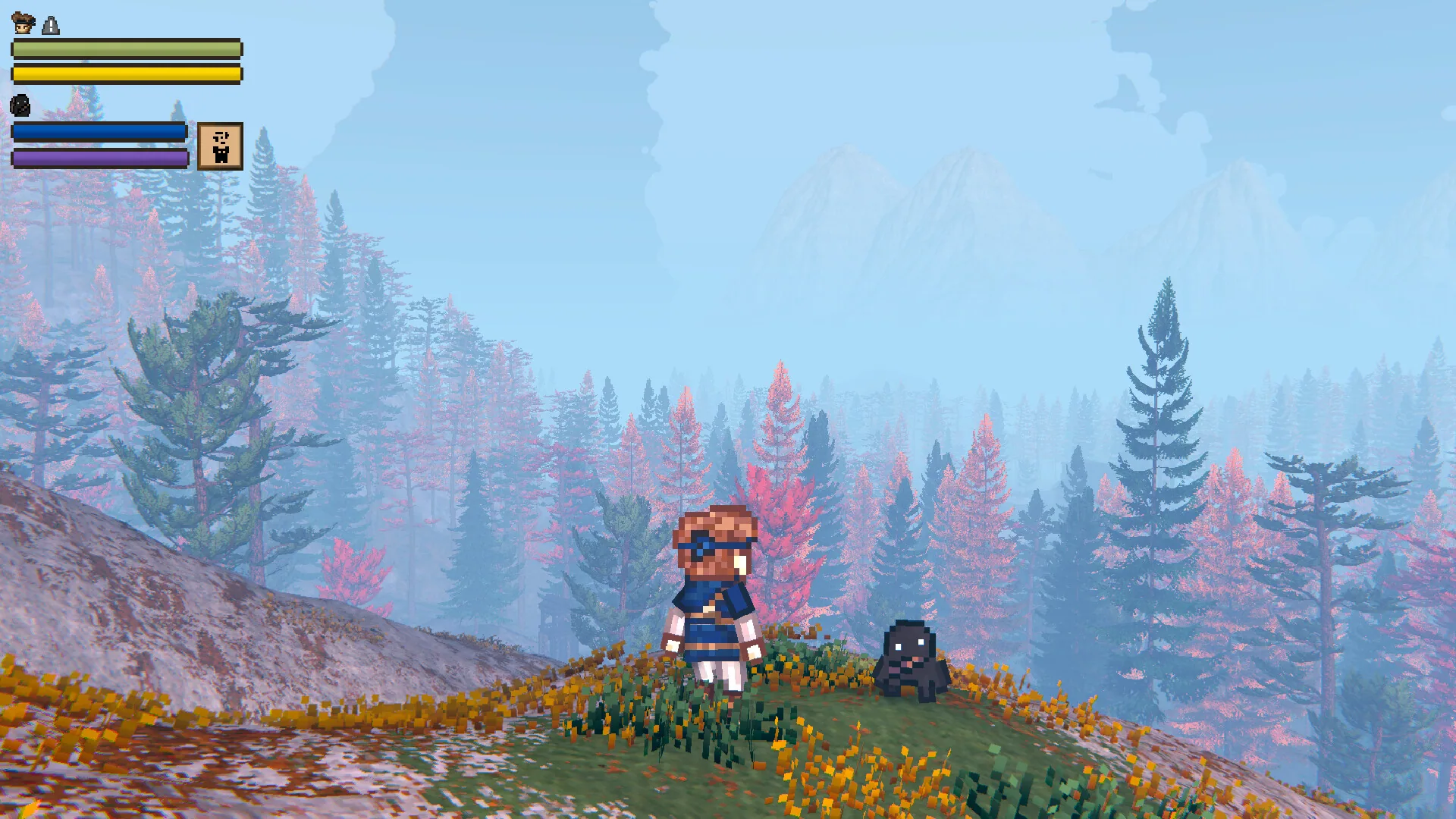 Bob and Veil on a ridge overlooking pink forests and distant mountains.