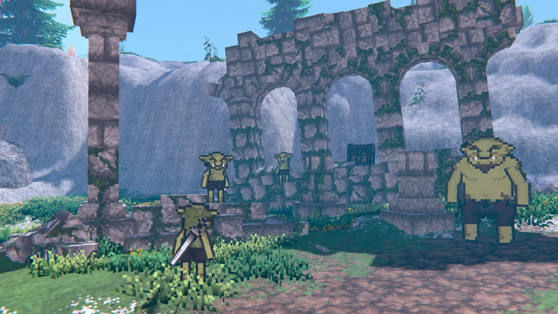 Three goblins among mossy stone arches and a chest in a ruined colonnade.
