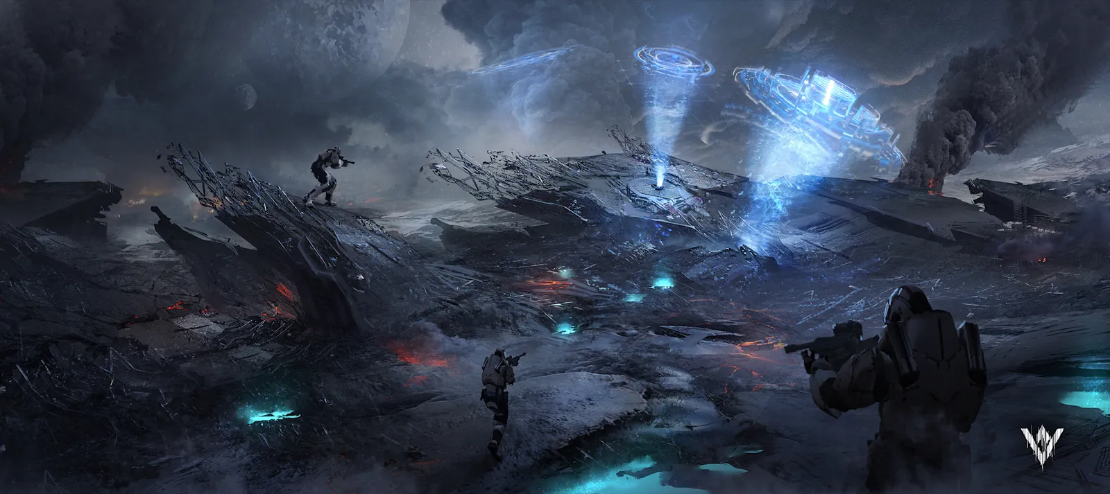 EVE Vanguard key art — a Warclone on a hostile New Eden battlefield