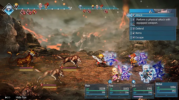 An HD-2D battle on volcanic ground: the party fights wolves as the turn-order strip and the Attack / Defend / Items / Escape command menu sit on screen.