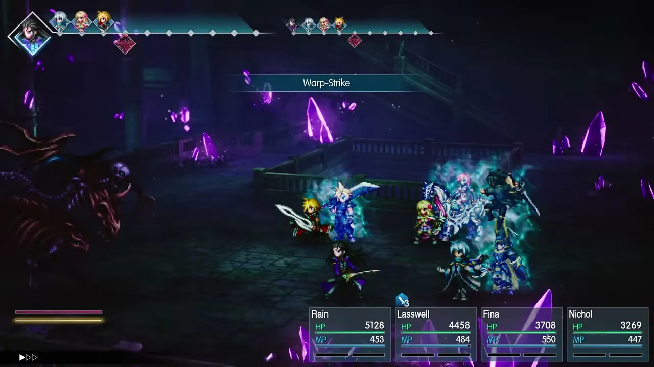 A Final Fantasy Resonance battle: the action-order timeline runs across the top of the screen while Rain, Lasswell, Fina and Nichol face a shadowy foe amid floating crystals, a "Warp-Strike" skill firing.
